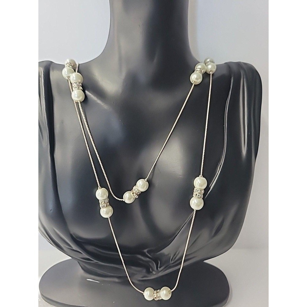 Vintage‎ Silver Tone Double Strand White Beaded Station Necklace Rhinestones